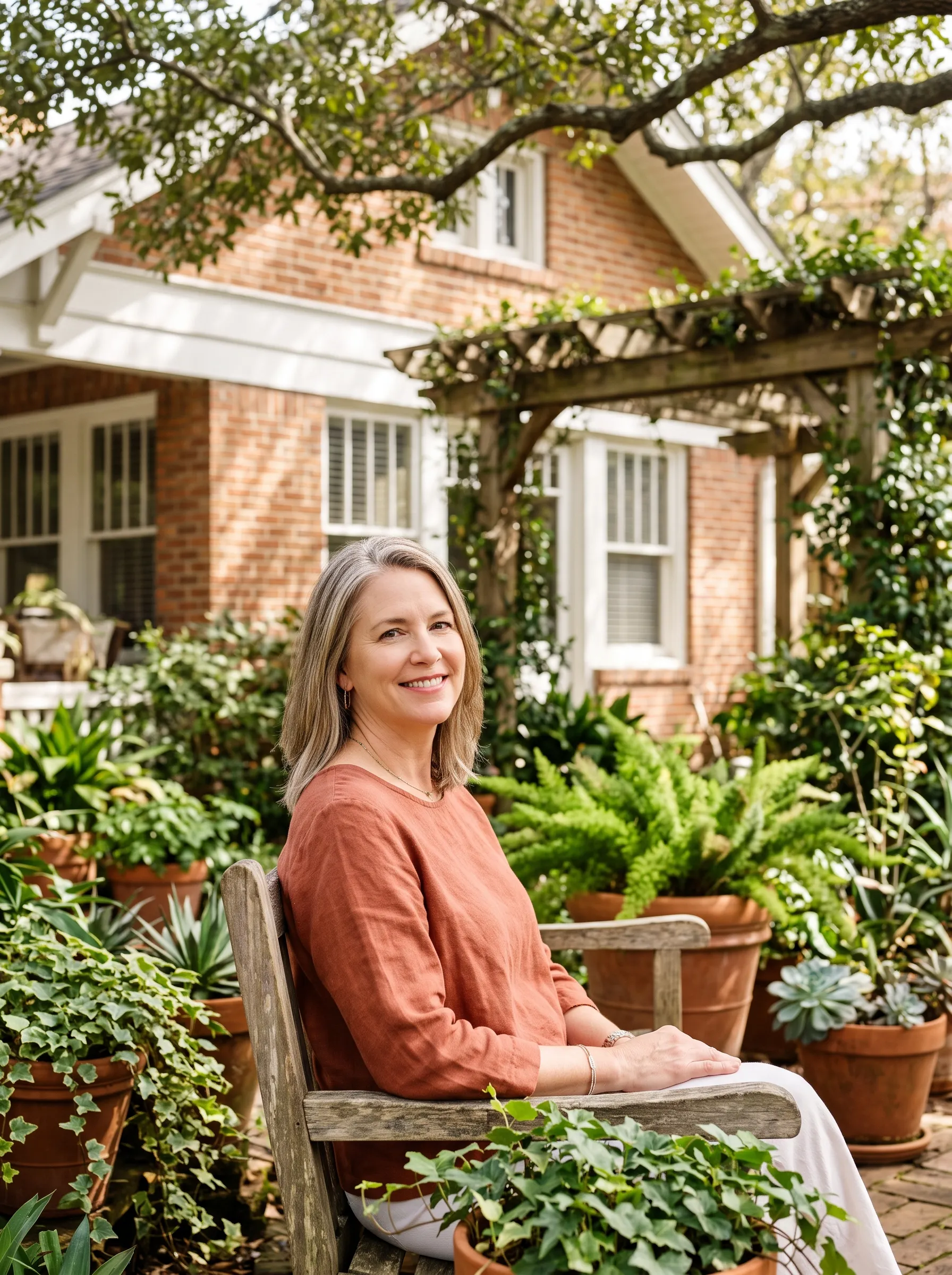 A woman in her fifties sitting calmly on a bench in a sunlit Montrose courtyard garden with a live oak and potted greenery.