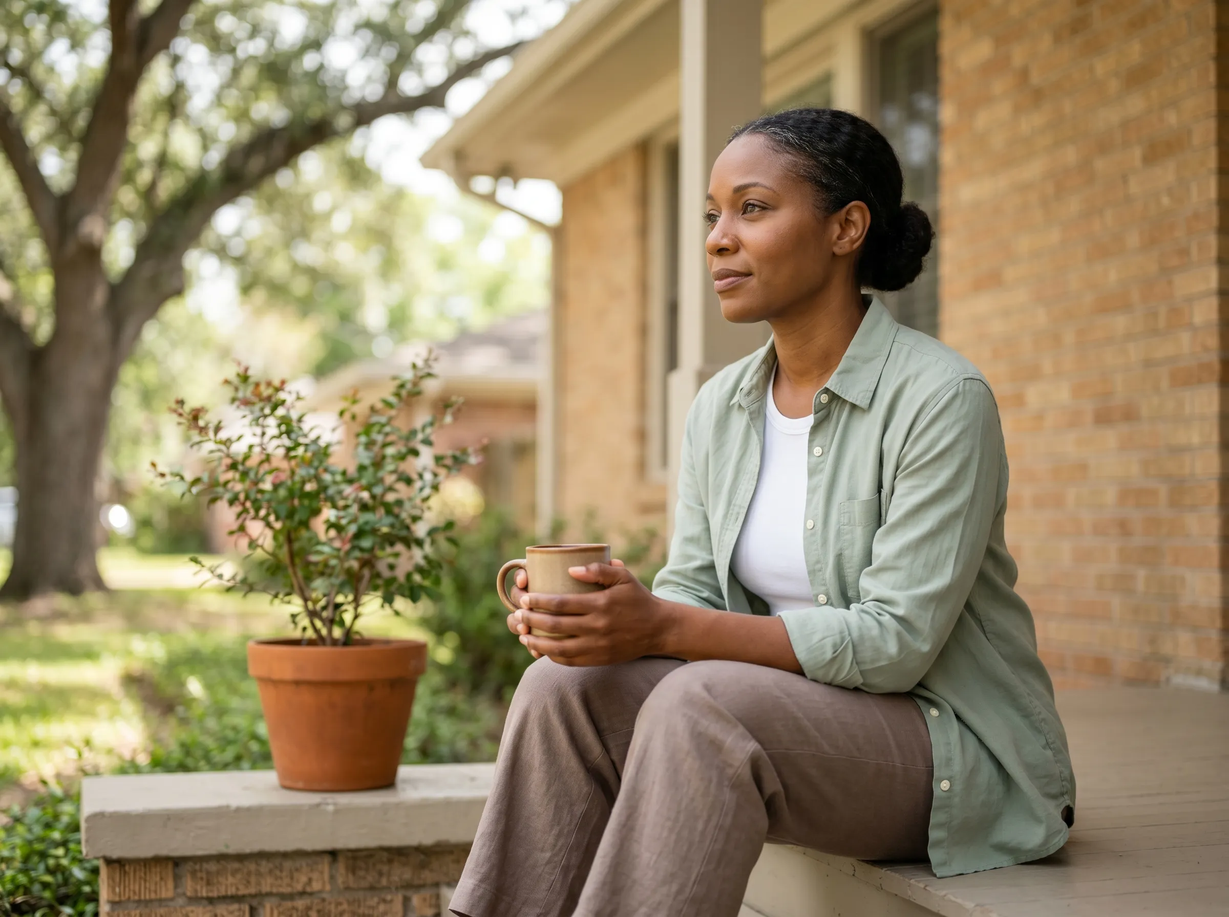 A woman in sage on a Montrose brick bungalow porch with morning coffee.