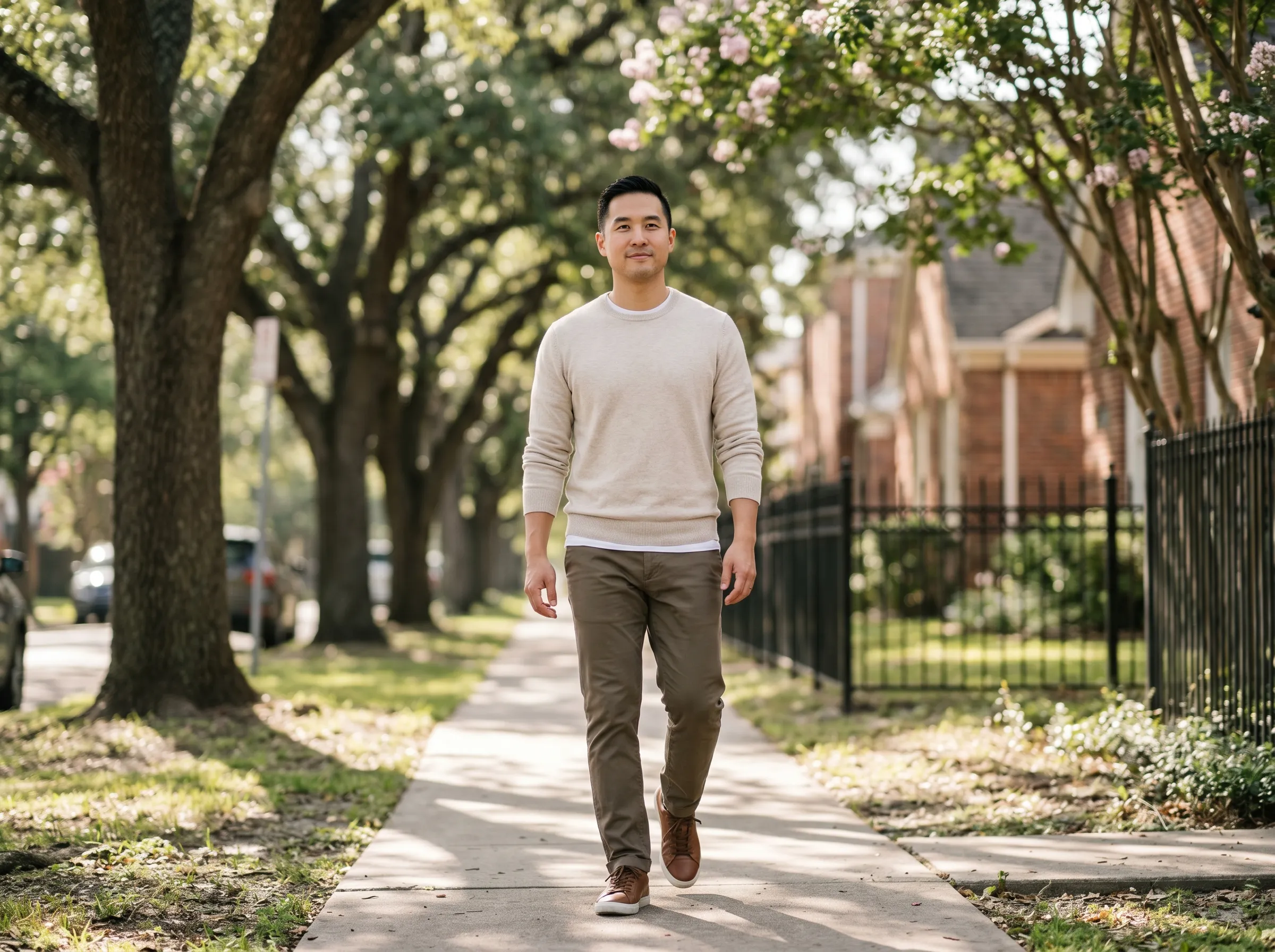 A man walking a leafy Montrose sidewalk under crepe myrtles in bloom.