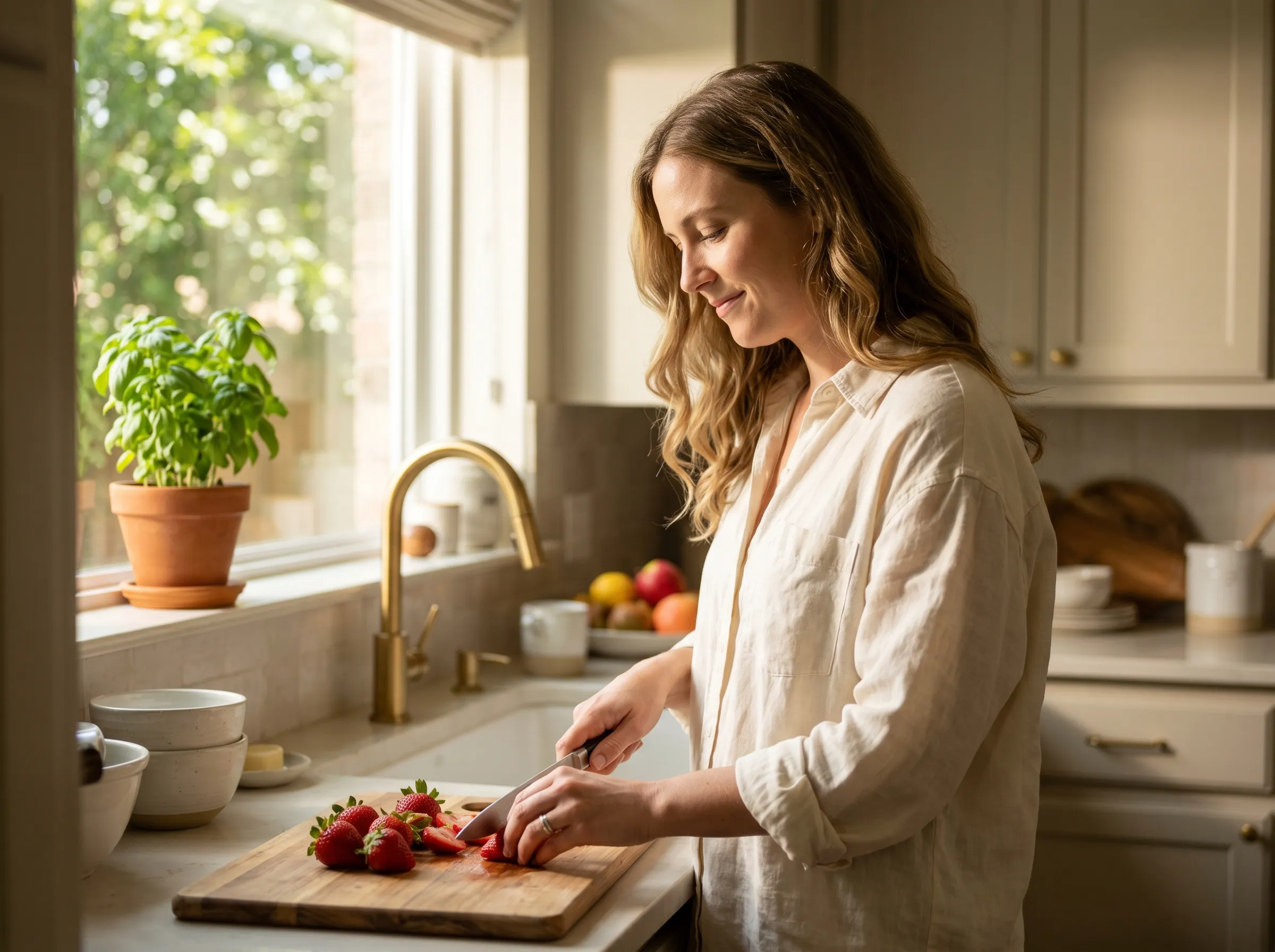 A woman preparing food at the counter of a sunlit Houston kitchen, quietly contained.