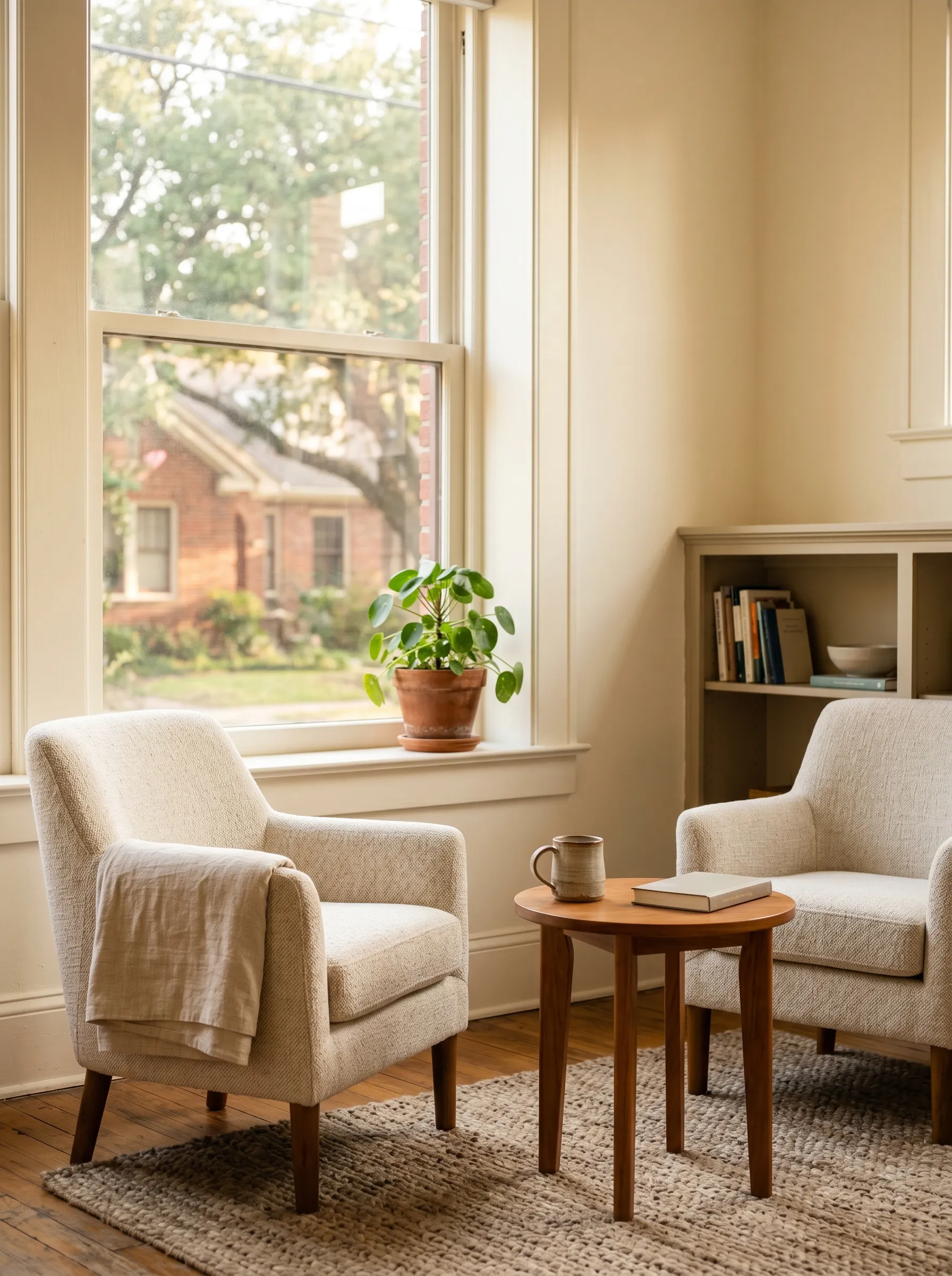 Two soft armchairs angled toward each other beside a tall sunlit window, with a small wood side table and a potted plant.