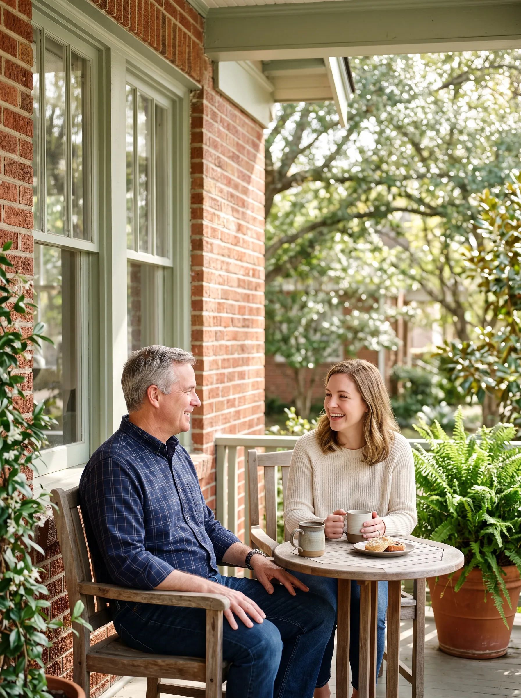 A father and his adult daughter sharing coffee and easy conversation at a small table on a sunlit Montrose front porch in warm late-morning light.