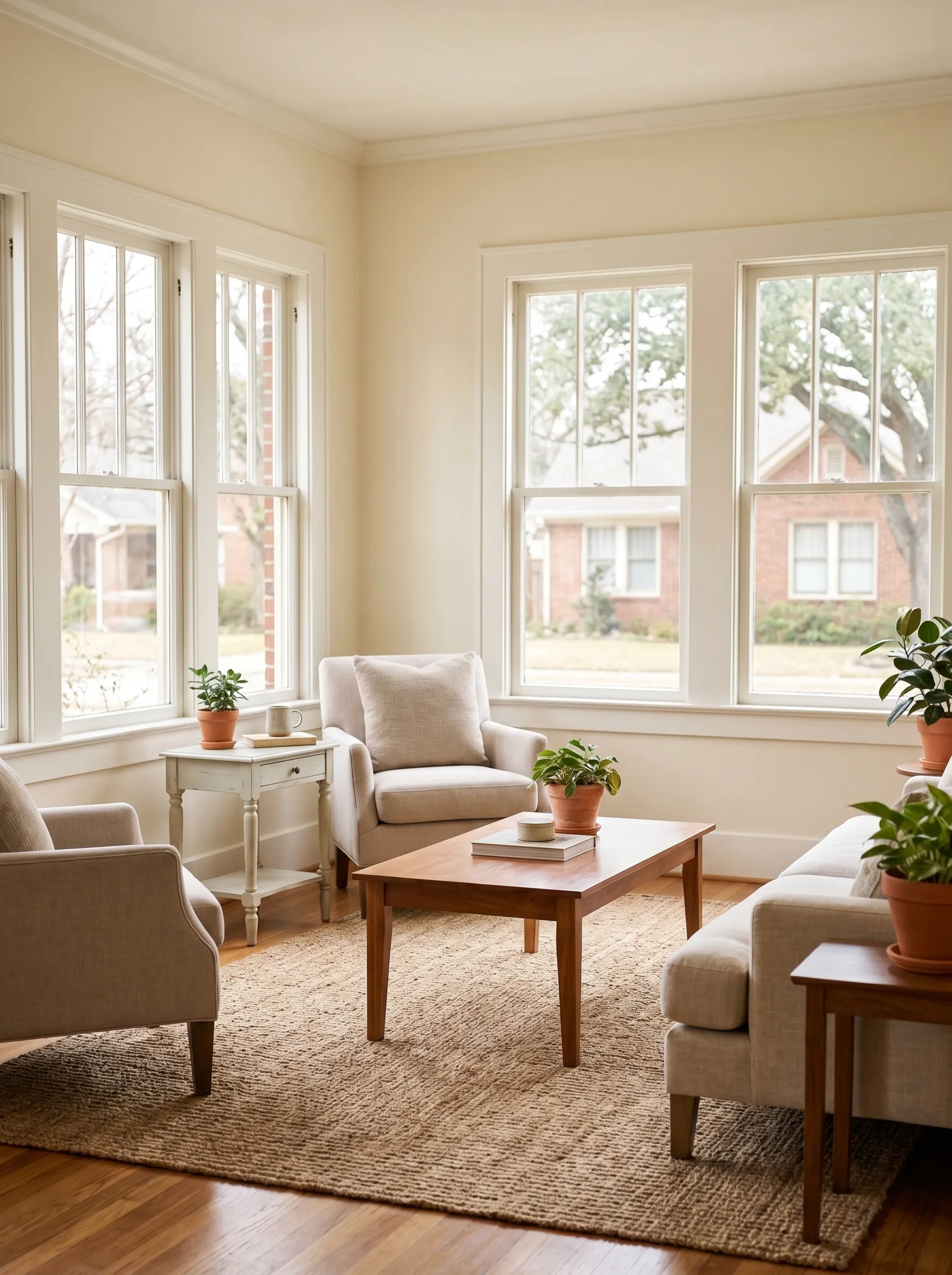 A sunlit, calm shared lounge with armchairs, a low sofa, warm wood, and potted greenery beneath tall windows.