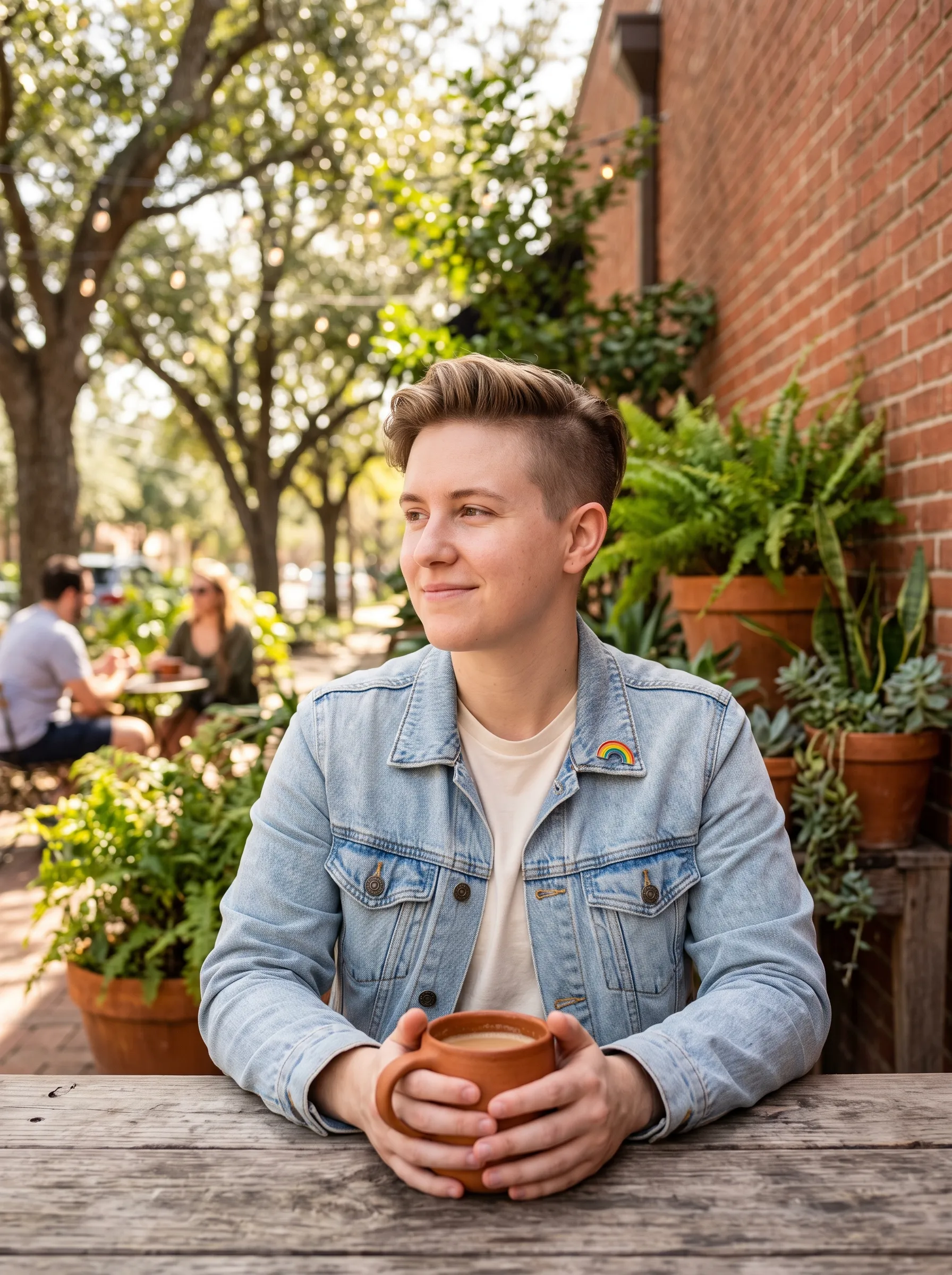 A relaxed adult with a soft undercut and a small rainbow pin, holding a coffee on a sunlit Montrose cafe terrace, calm and at ease in warm late-morning light.