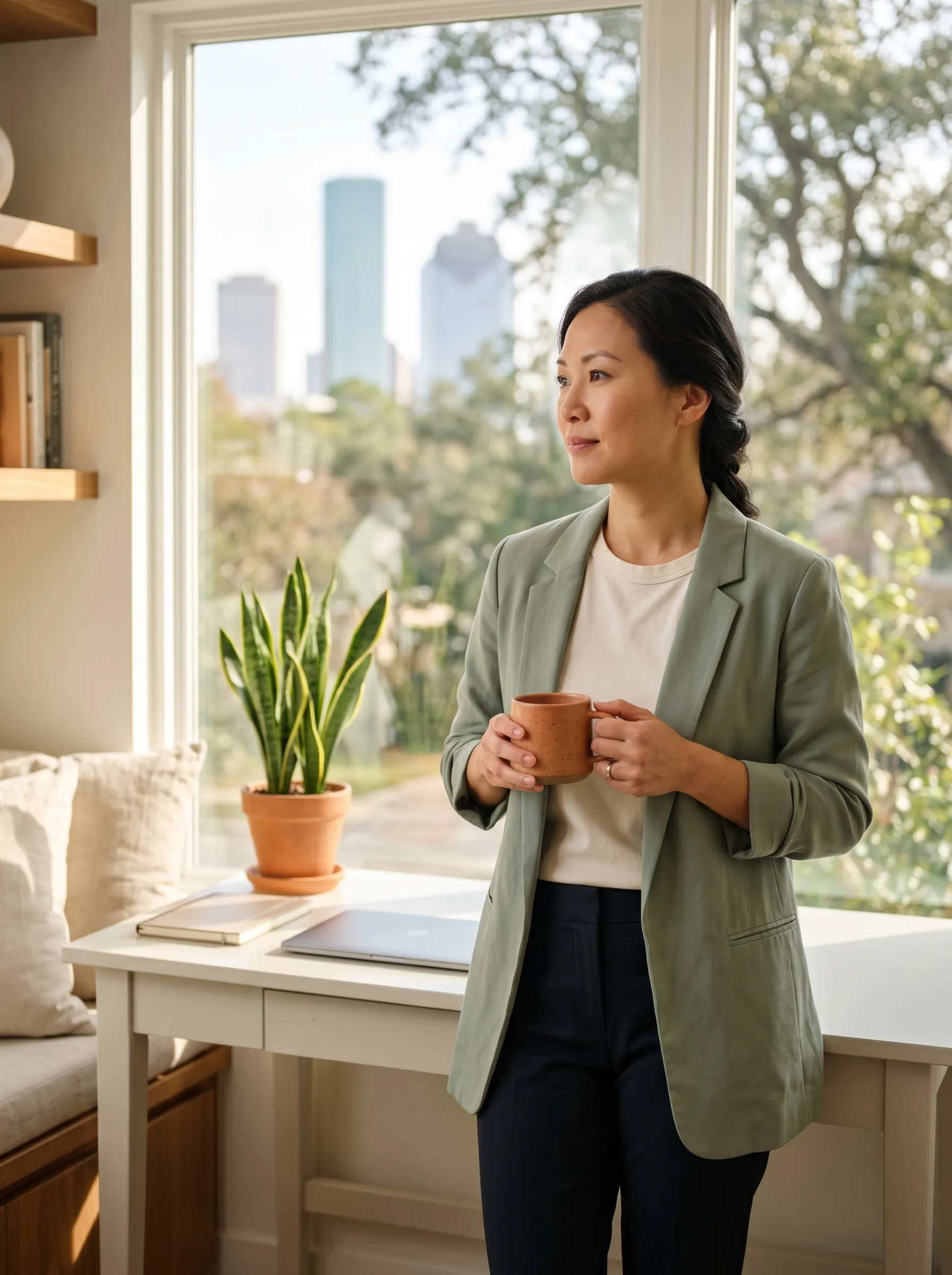 A composed professional in a blazer pausing with a coffee by the window of a warm, light-filled Montrose home office, soft downtown Houston skyline beyond the glass in late-morning light.