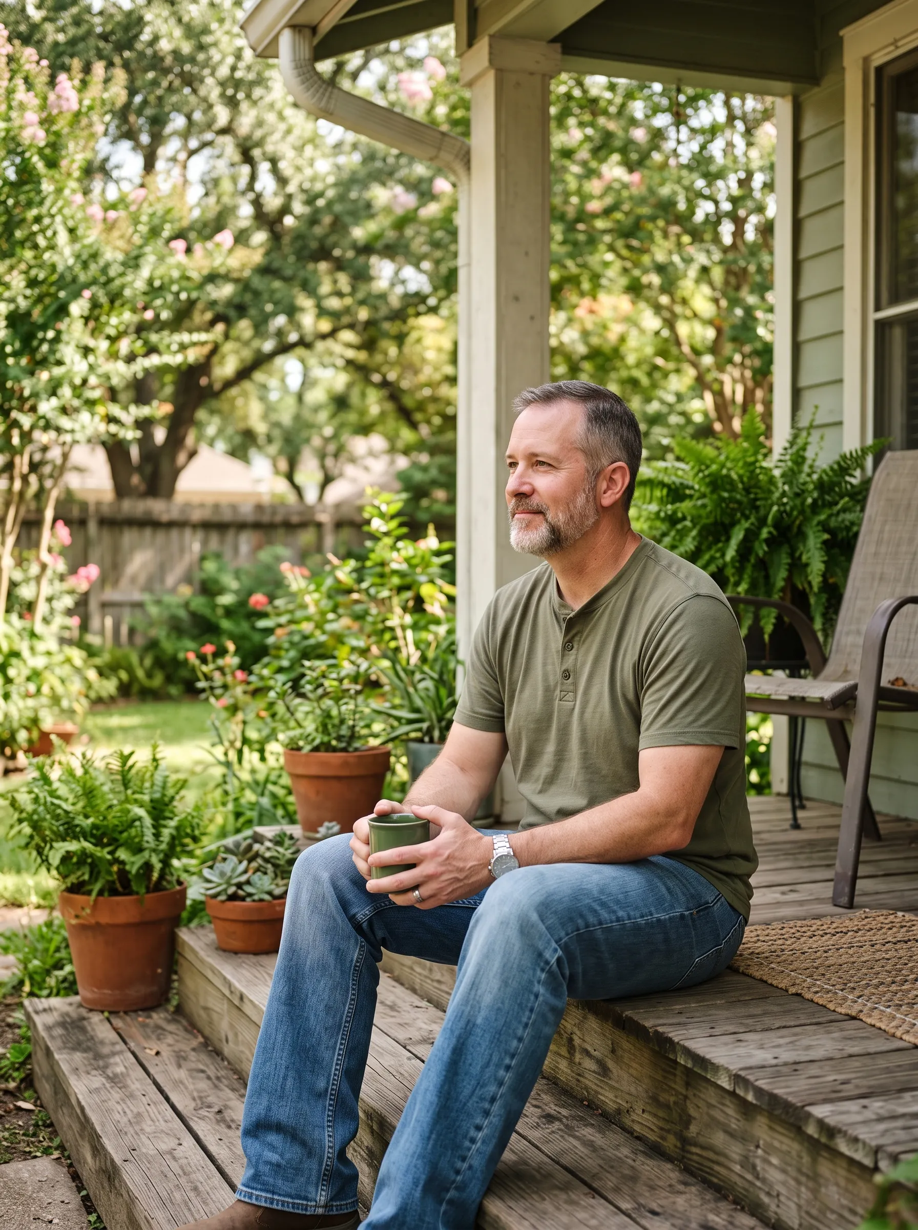 A military veteran in his fifties sitting easily on a sunlit back porch of a Houston home, a coffee mug in hand, calm and grounded in the morning light.