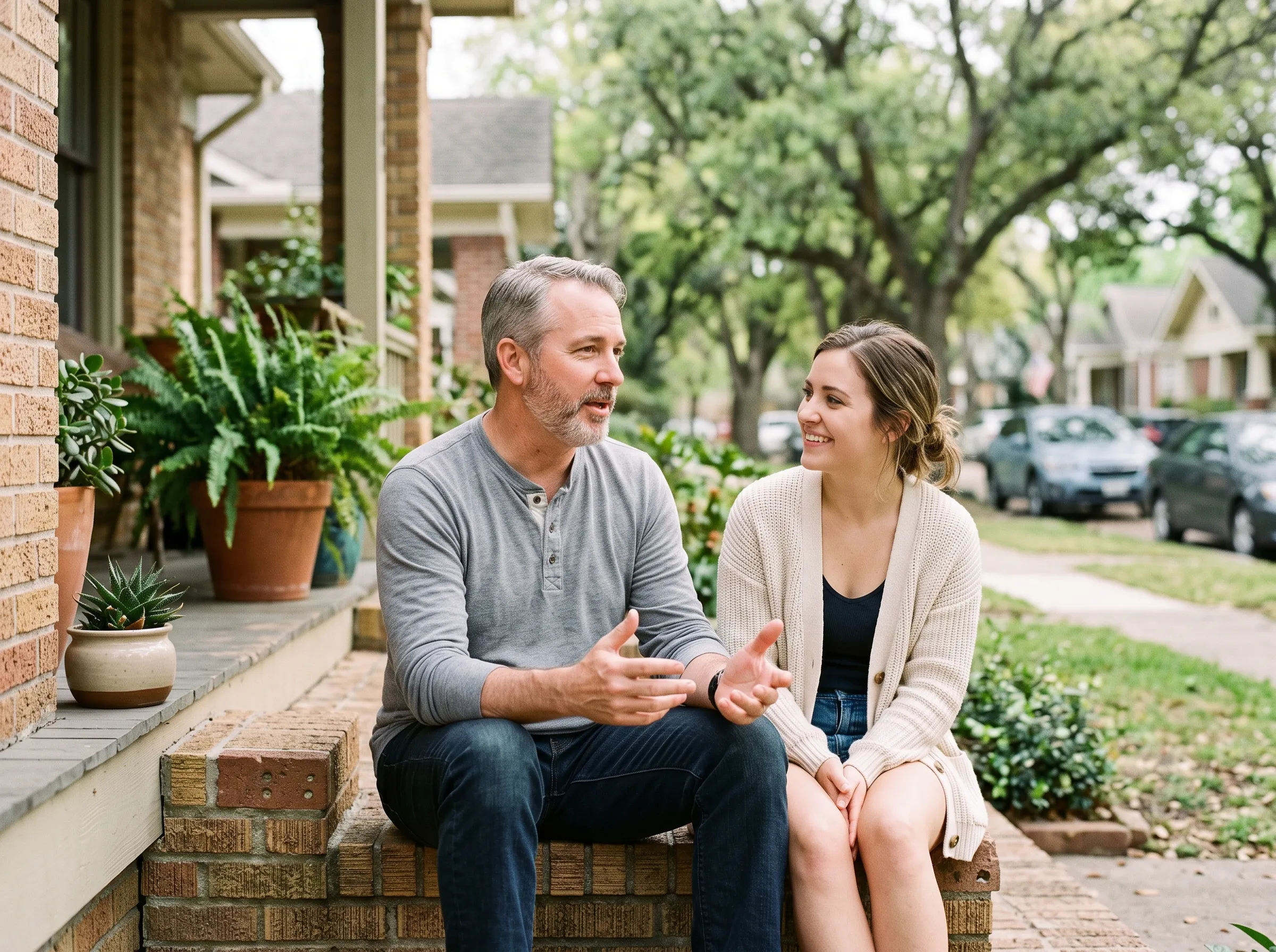 A veteran and an adult family member talking quietly on a front porch in a leafy Houston neighborhood, one listening as the other opens up.