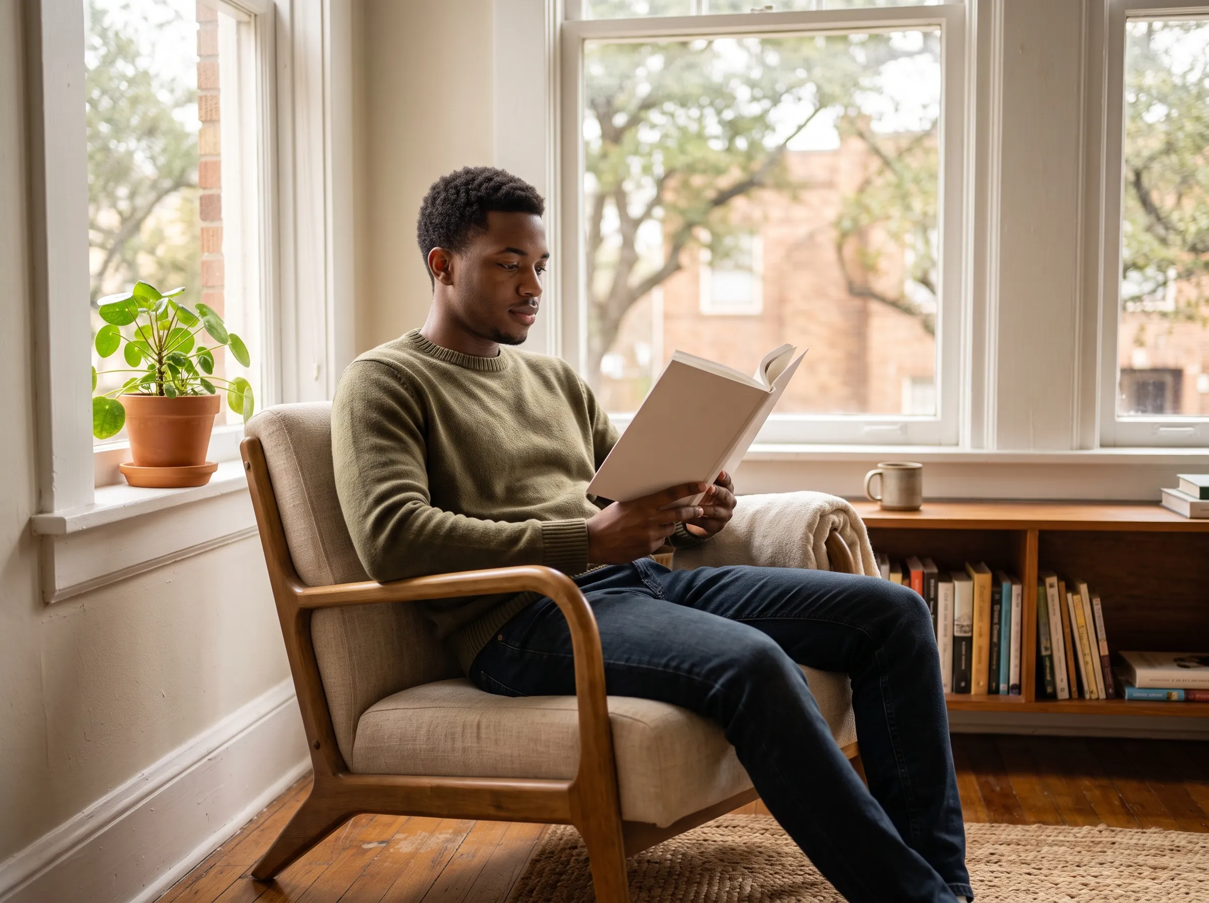 A young man in his early twenties reading in a warm armchair by a sunlit window in a light-filled Houston apartment.