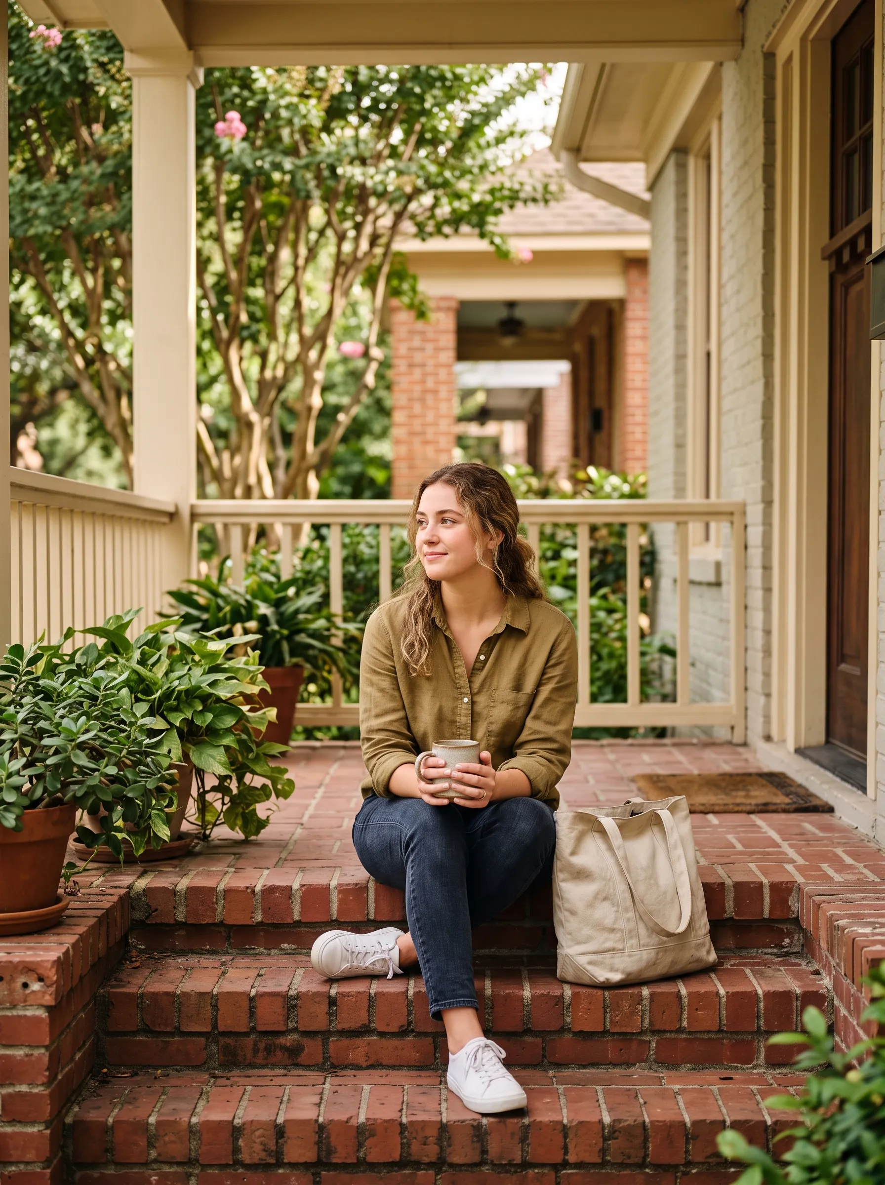 A young woman in her early twenties sitting on a sunlit brick bungalow porch step with a cup of coffee and a canvas tote beside her, looking calmly toward the yard.
