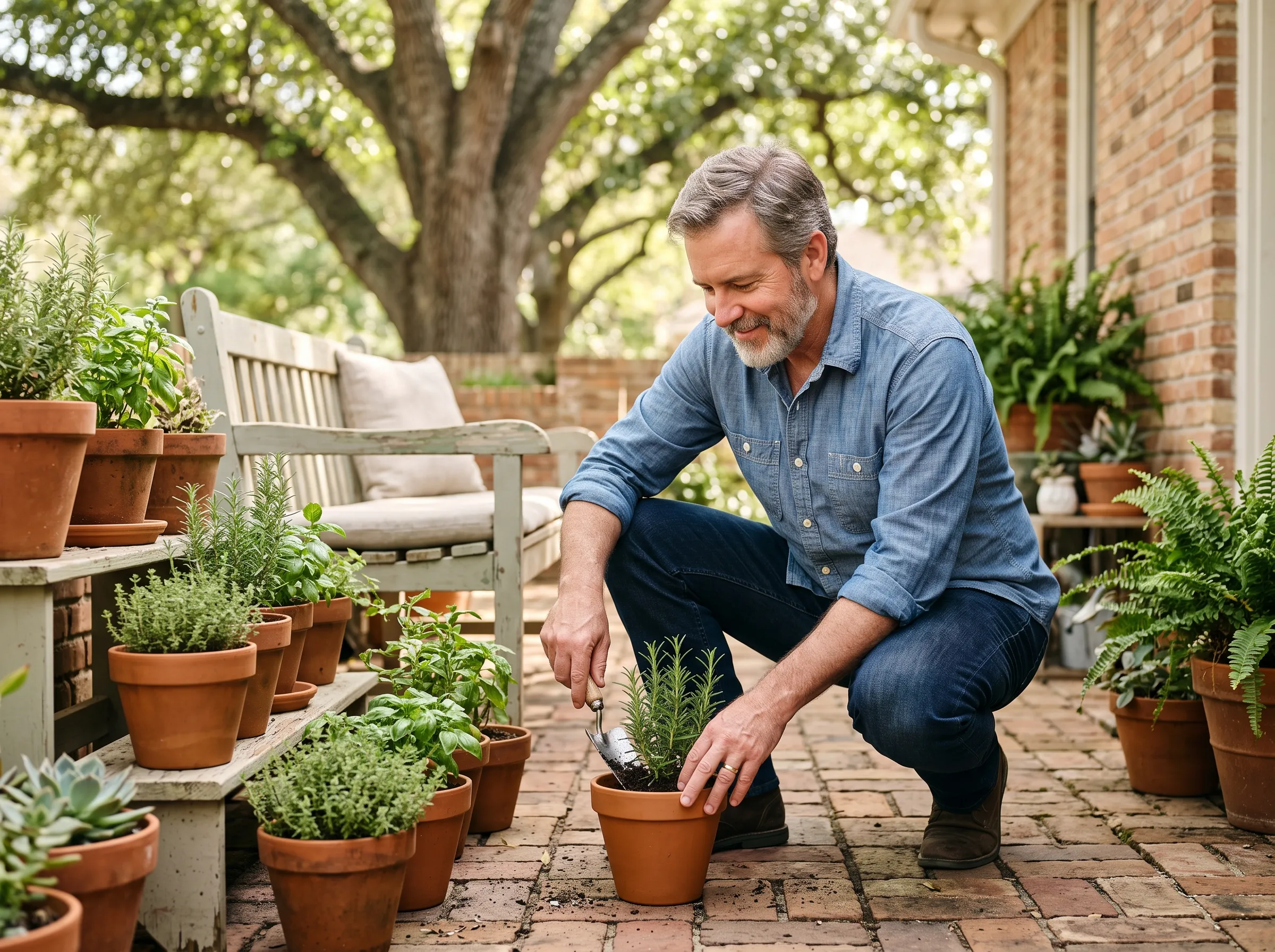 A man in his fifties tending potted herbs on a sunlit Montrose brick patio.