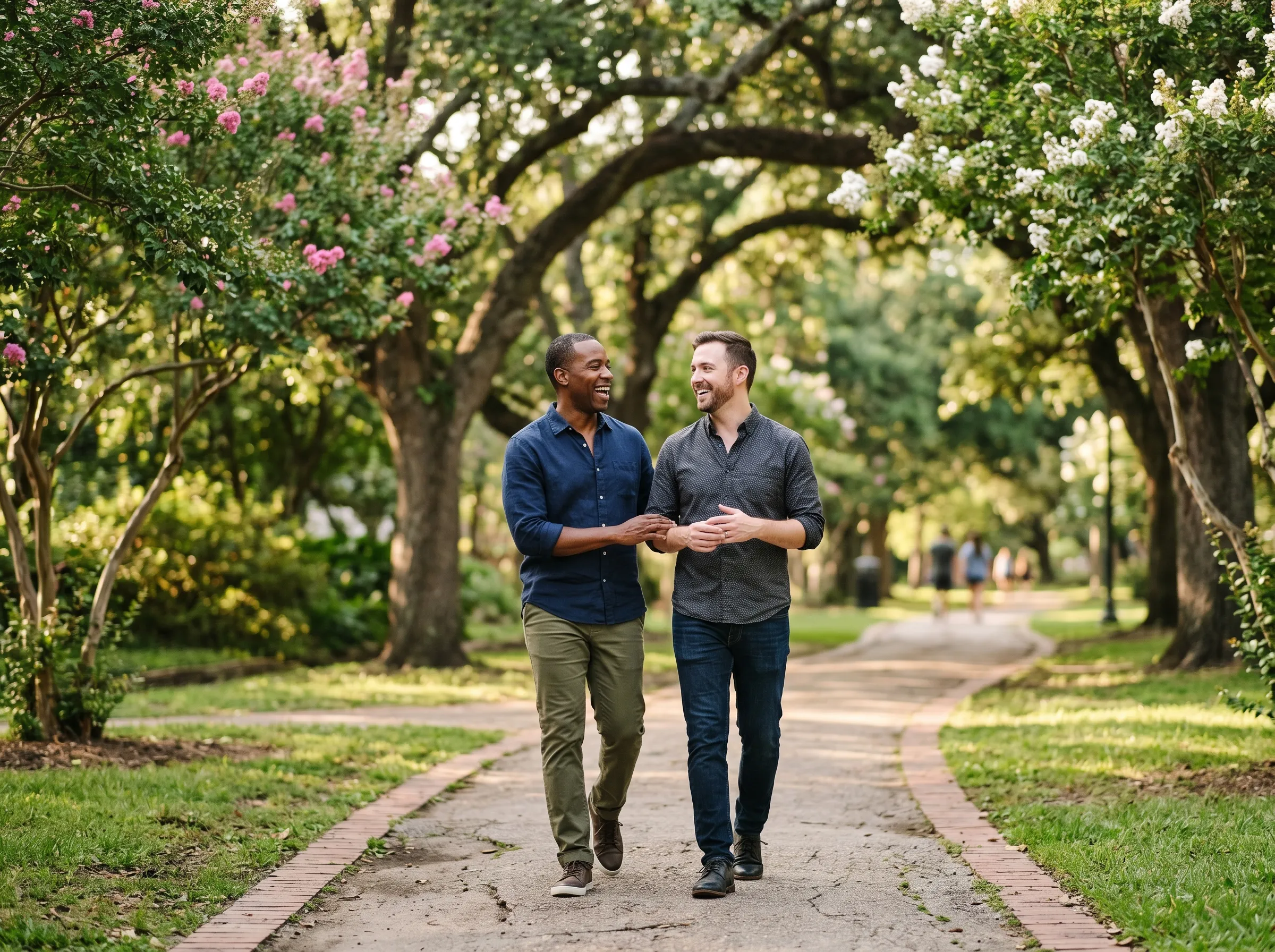 A couple walking hand in hand along a crepe-myrtle-lined Montrose park path in the afternoon light.