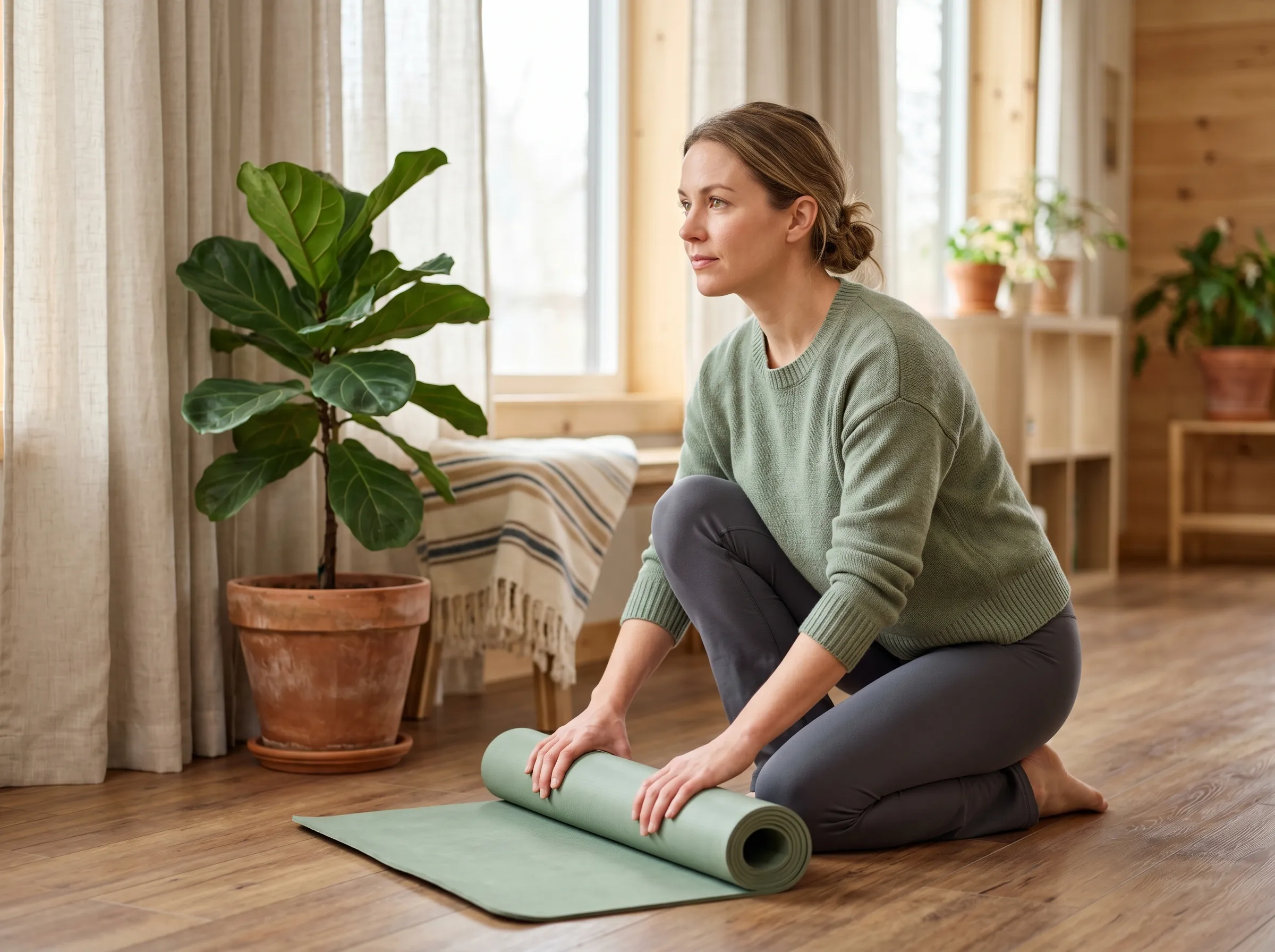A woman rolling up a yoga mat in a calm, light-filled room with a leafy plant and warm wood floor.