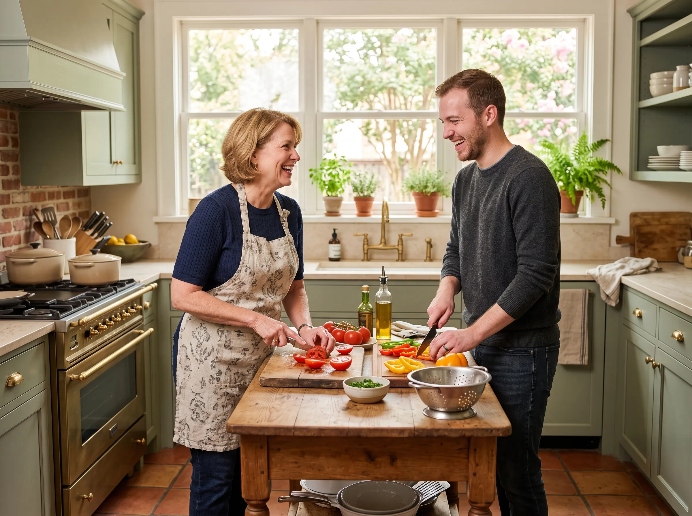 A mother and her adult son cooking together, laughing, in a sunlit sage-green Houston kitchen.