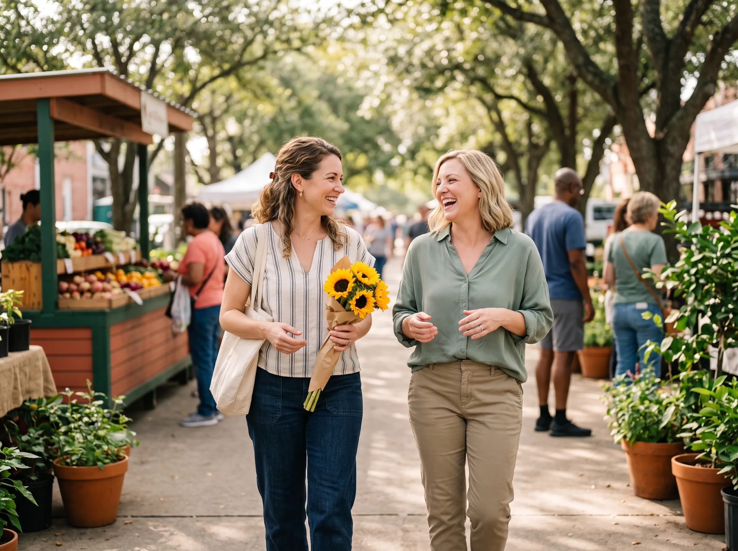 Two friends laughing together as they walk through a leafy Houston farmers market.
