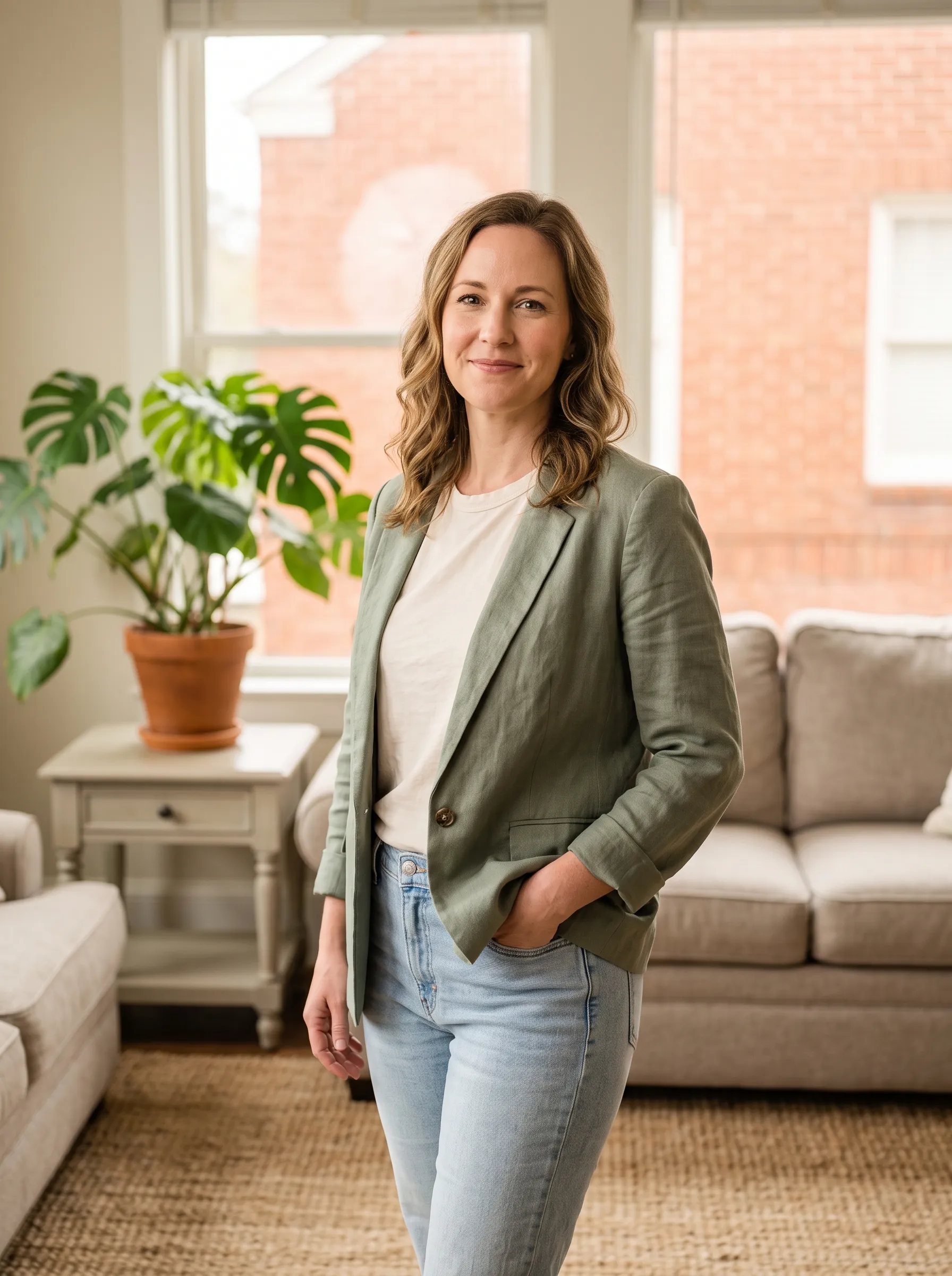 A woman in a sage blazer standing in a light-filled Montrose living room, warm brick visible through the window, smiling calmly toward the camera.