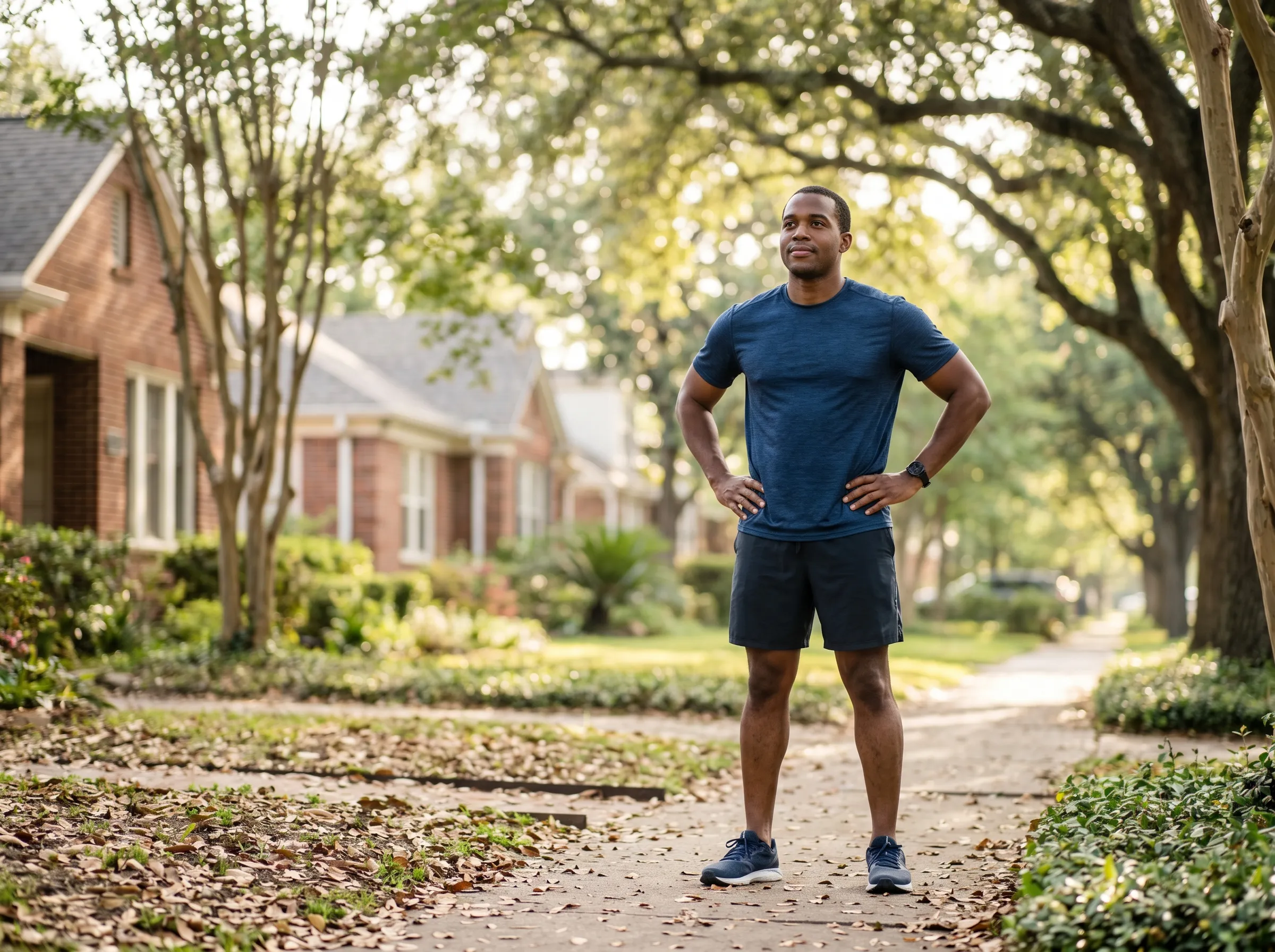 A man pausing after a morning run on a tree-lined Montrose sidewalk, steady and content.