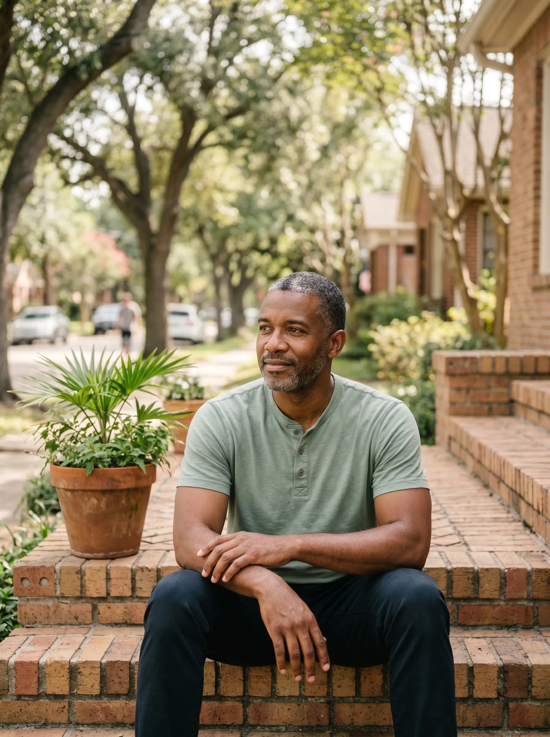 A man pausing for a calm, grounding moment on the front steps of a brick bungalow in Montrose, Houston.