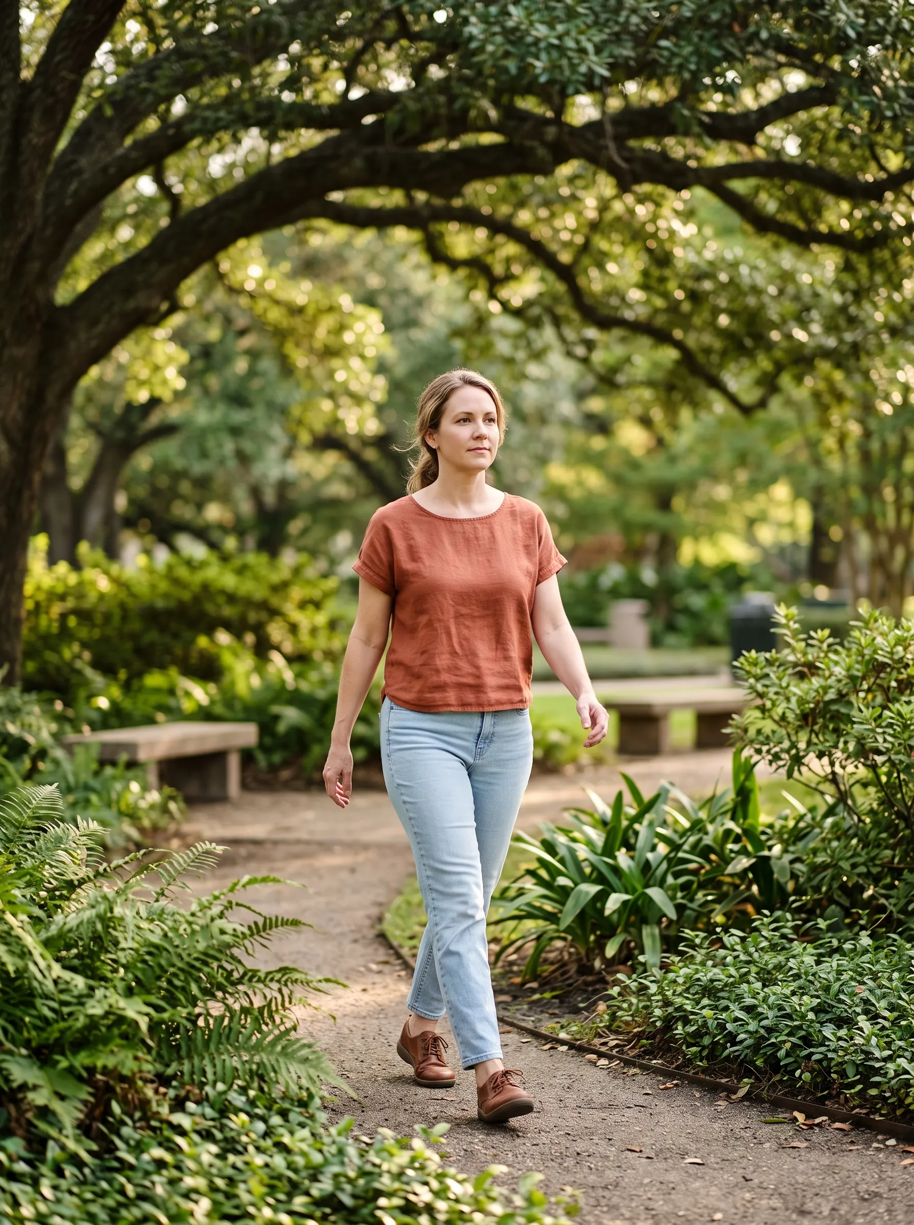 A woman walking a calm, tree-lined park path in warm afternoon light in Houston, looking ahead with an unhurried, settled expression.