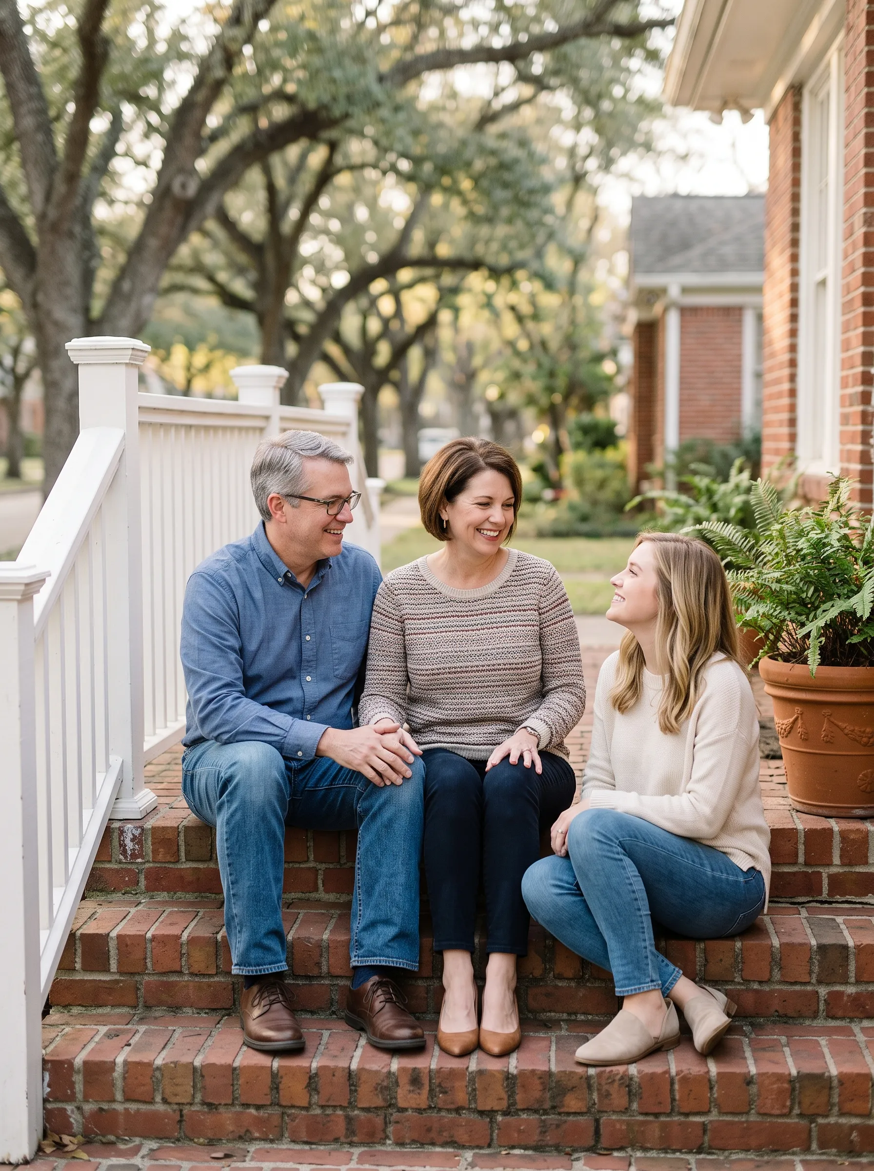 A warm, multiracial family sharing a relaxed moment together on a Montrose porch in Houston in the late-afternoon light.