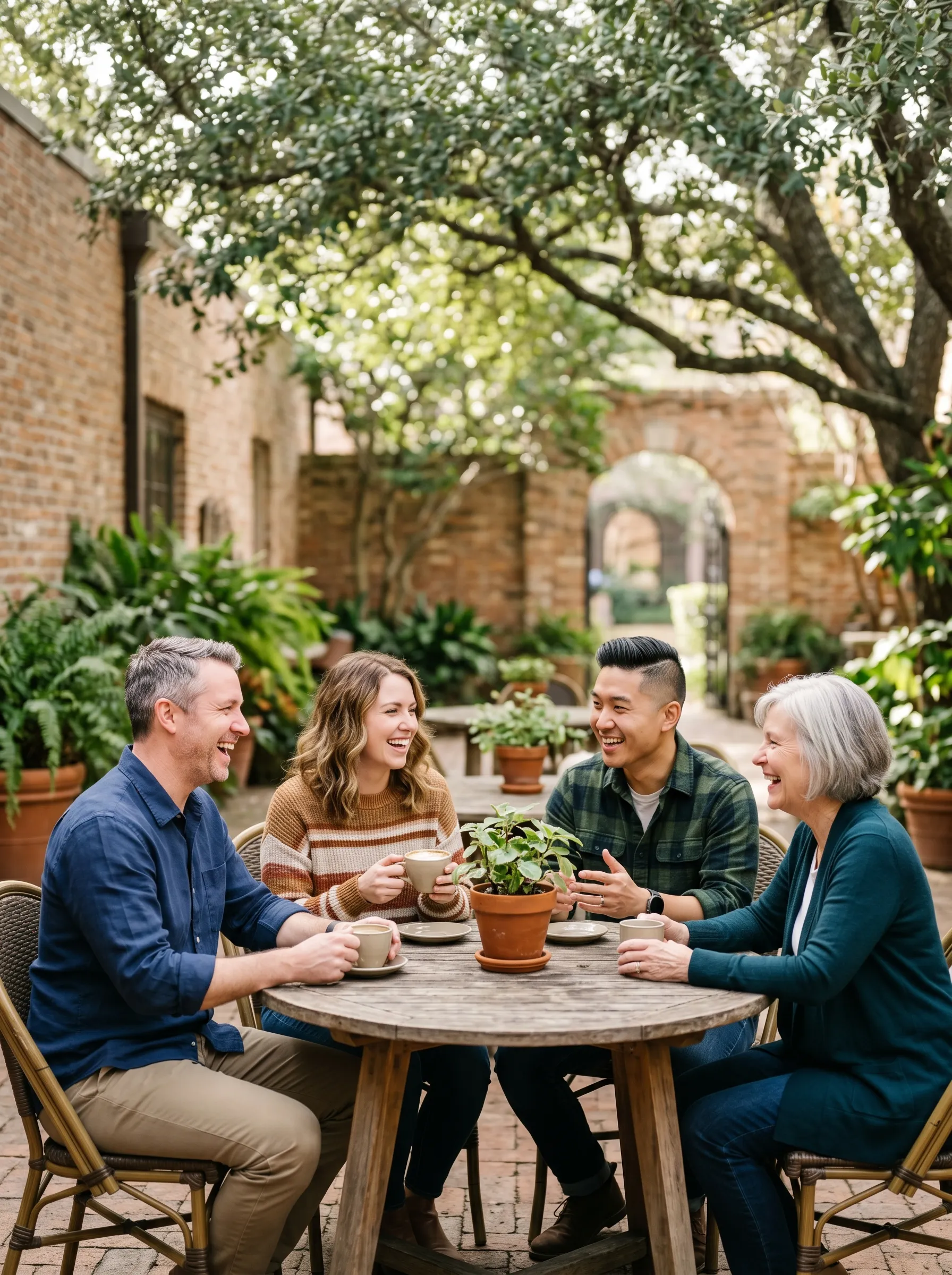 A few diverse Houston adults talking and laughing warmly together over coffee in a sunlit Montrose courtyard.