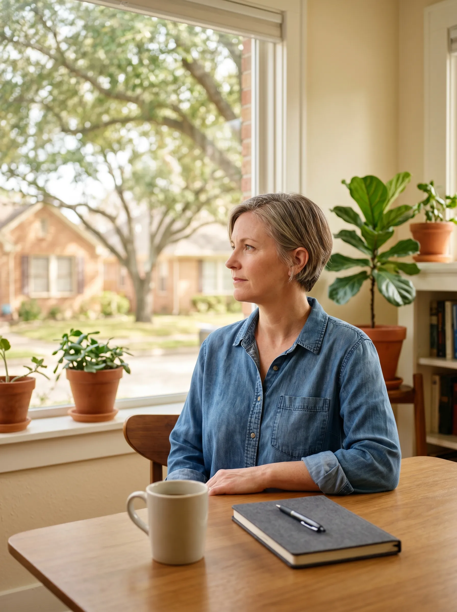 A woman in her late forties with a warm, steady expression, holding a coffee at a sunlit dining table in a light-filled Montrose home, with brick bungalows and live oaks beyond the window.