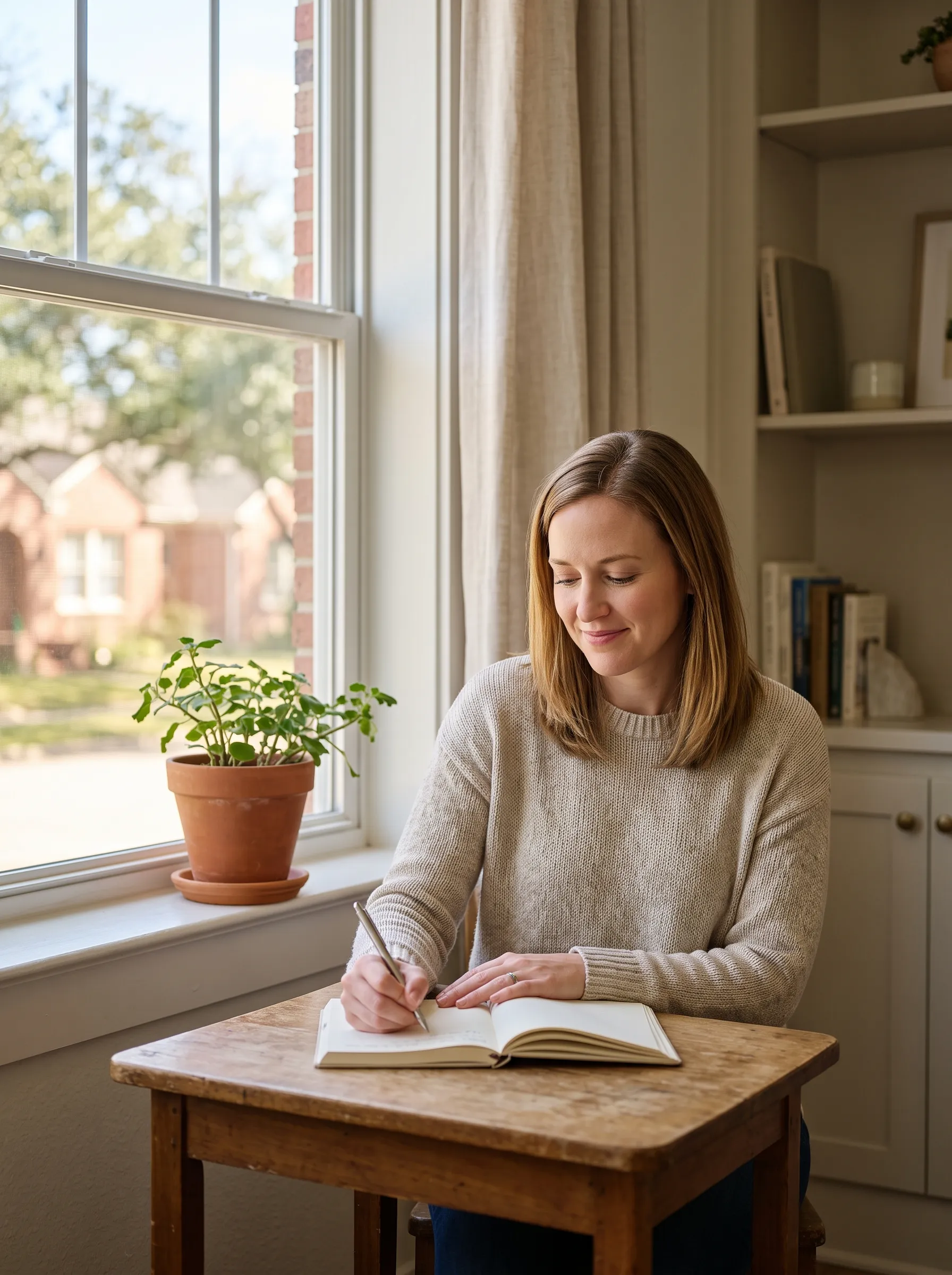 A woman in her thirties pausing with a warm mug at a sunlit kitchen window in a light-filled Montrose home, calm and clear-eyed, with live oaks and brick bungalows beyond the glass.