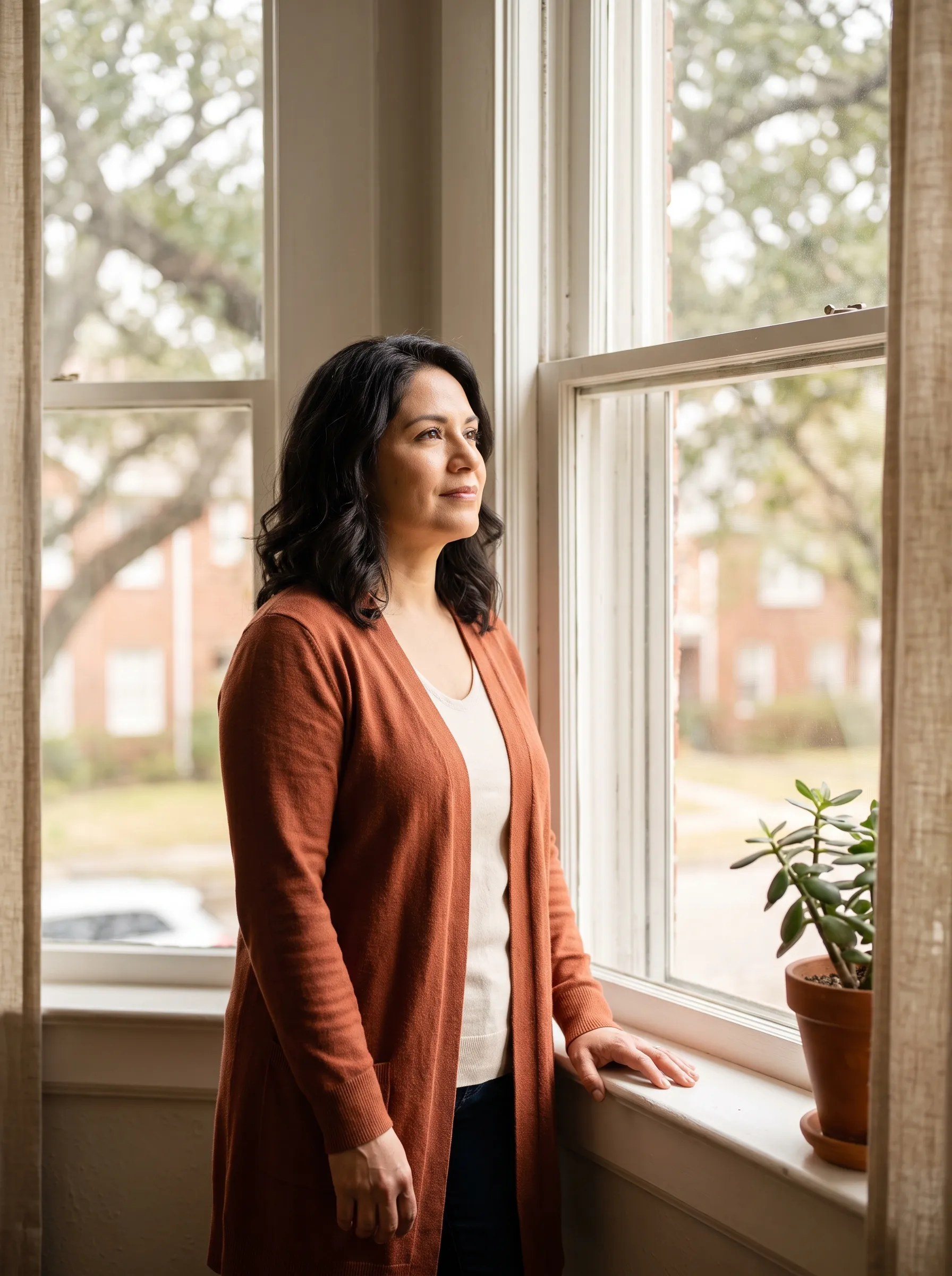 A woman in her early forties standing at a sunlit window in a light-filled Montrose home, calm and clear-eyed, with live oaks and brick bungalows beyond the glass.
