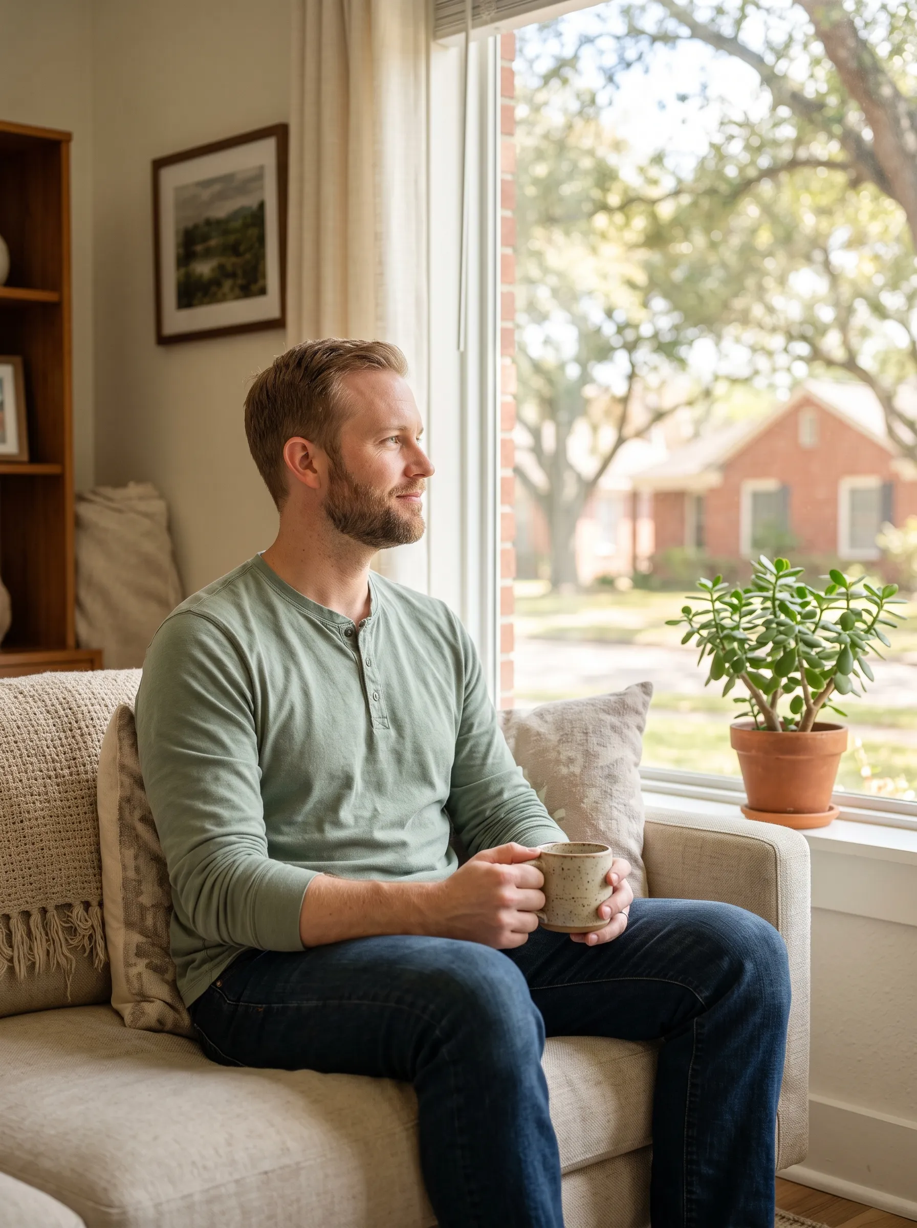 A man sitting calmly on a sofa by a sunlit window in a warm Houston living room, a mug in his hands, settled and at ease, looking quietly forward.