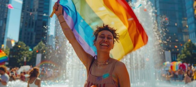 Person celebrating LGBTQ Pride Month with rainbow flag at city fountain event