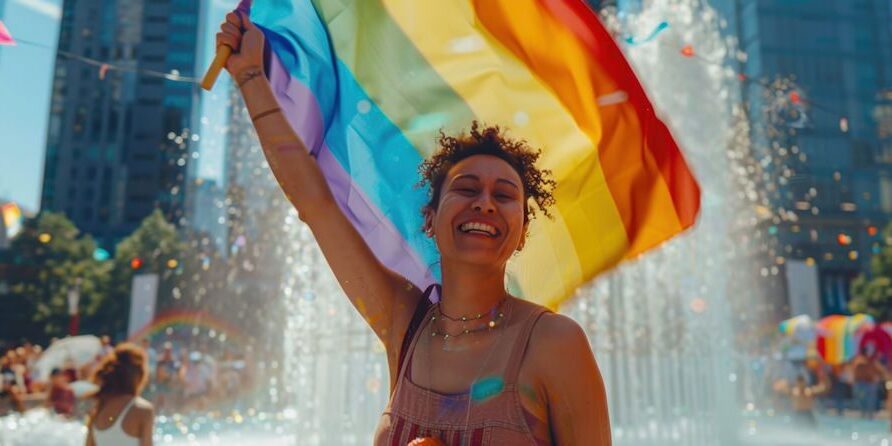 Person celebrating LGBTQ Pride Month with rainbow flag at city fountain event